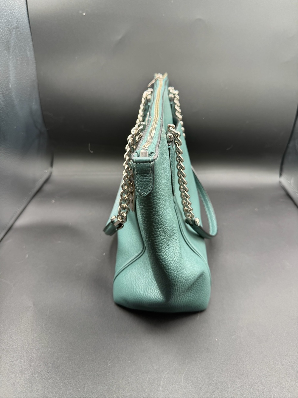 Coach Teal Pebbled Leather Tote Bag — Silver Chain Strap Shoulder Bag - Picture 3 of 8